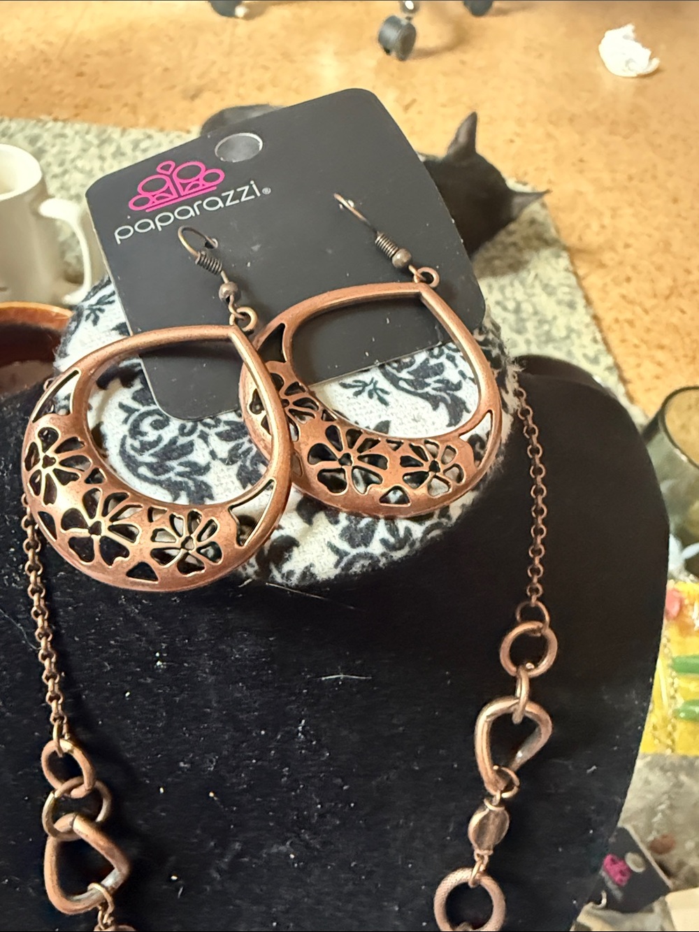 Paparazzi Copper Floral Cutout Hoops - Women's Earrings and Necklace set